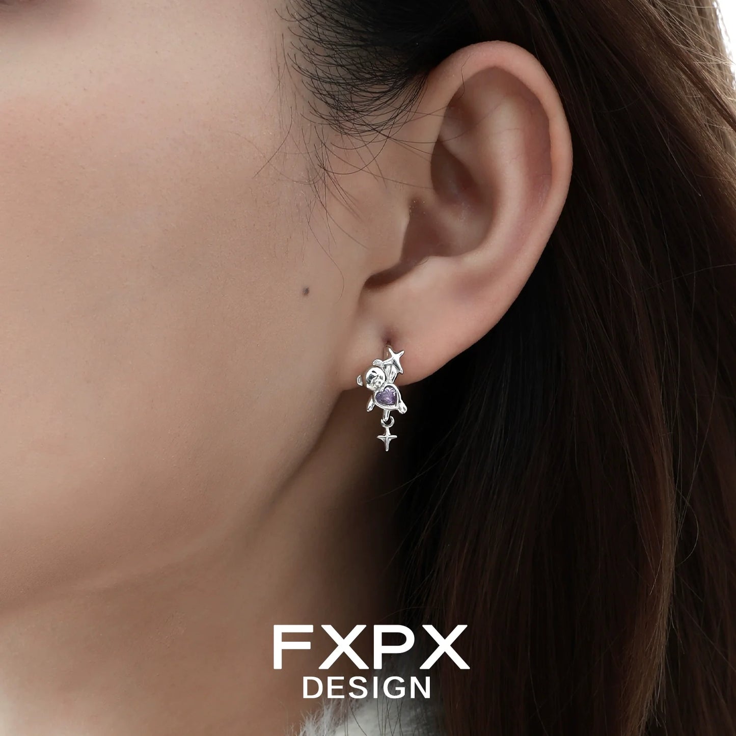 FXPX cute purple bear ear clips from Gothhalo Jewelry worn by a model showcasing their unique design