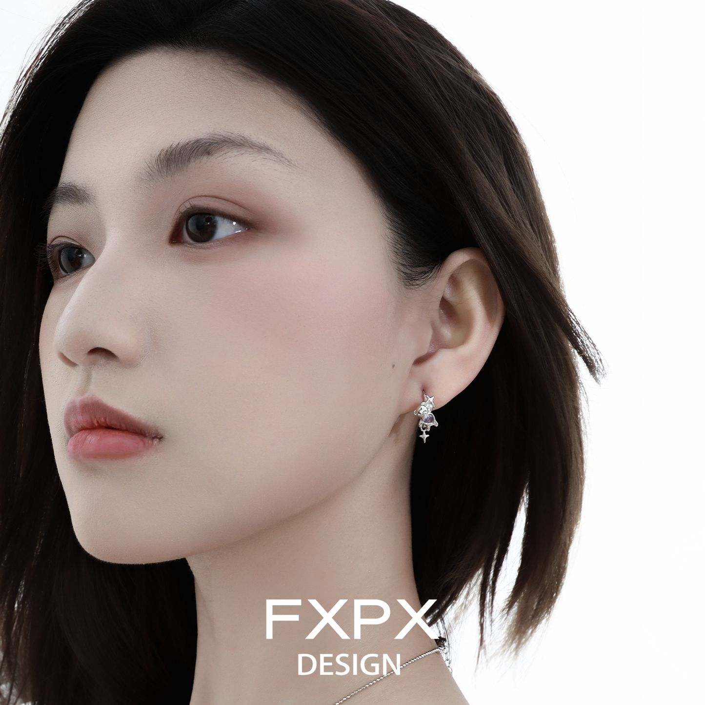 FXPX cute purple bear ear clips from Gothhalo Jewelry worn by a model with a stylish hairstyle