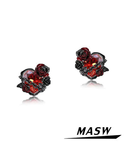 MASW jewelry gothic rose heart earrings from Gothhalo Jewelry with red rose accents and dark metallic finish