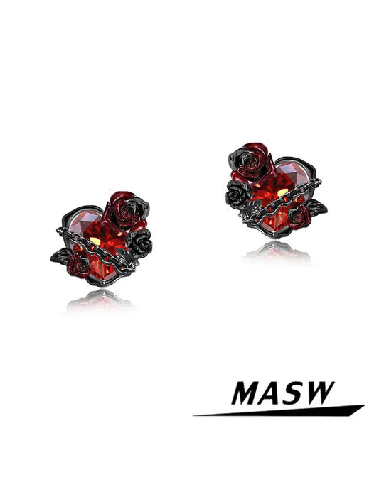 MASW jewelry gothic rose heart earrings from Gothhalo Jewelry with red rose accents and dark metallic finish