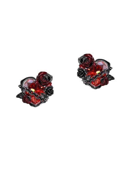 MASW jewelry gothic rose heart earrings from Gothhalo Jewelry in black and red design with intricate details