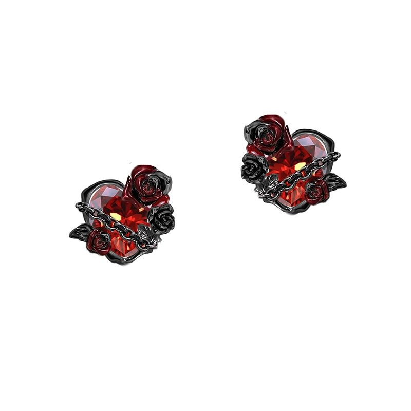 MASW jewelry gothic rose heart earrings from Gothhalo Jewelry featuring red roses and heart design