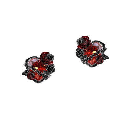 MASW jewelry gothic rose heart earrings from Gothhalo Jewelry featuring red roses and heart design