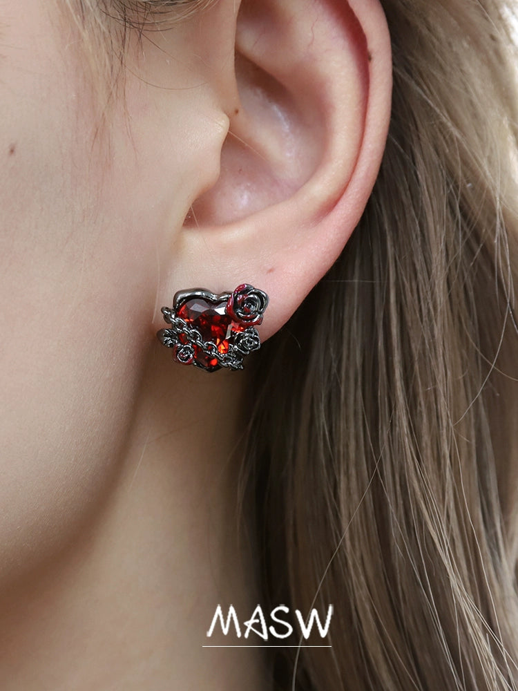 MASW jewelry gothic rose heart earrings from Gothhalo Jewelry shown on model's ear