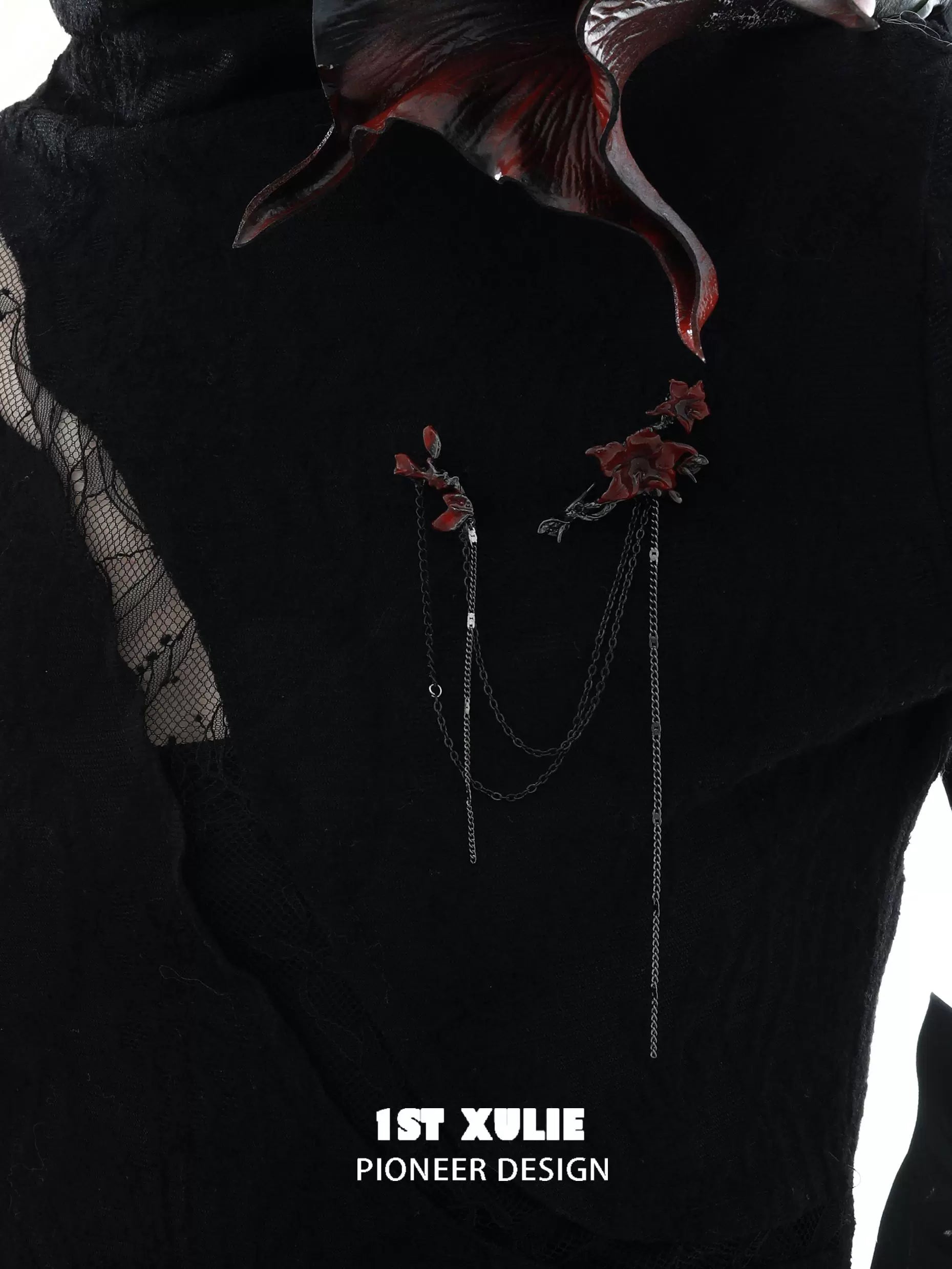 Gothic blood mandala brooch with floral design and chain details for gothic fashion enthusiasts
