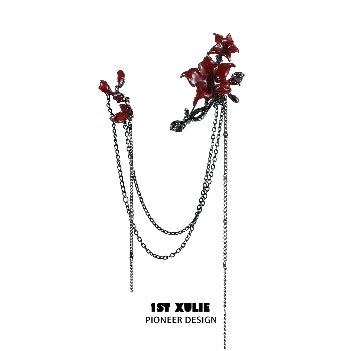 Gothic blood mandala brooch with red flowers and chains for unique fashion statement
