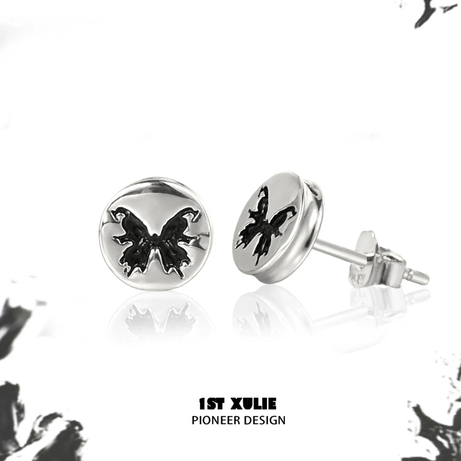 1ST XULIE Gothic Butterfly Earrings in Silver Featuring Intricate Black Detailing