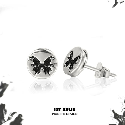 1ST XULIE Gothic Butterfly Earrings in Silver Featuring Intricate Black Detailing