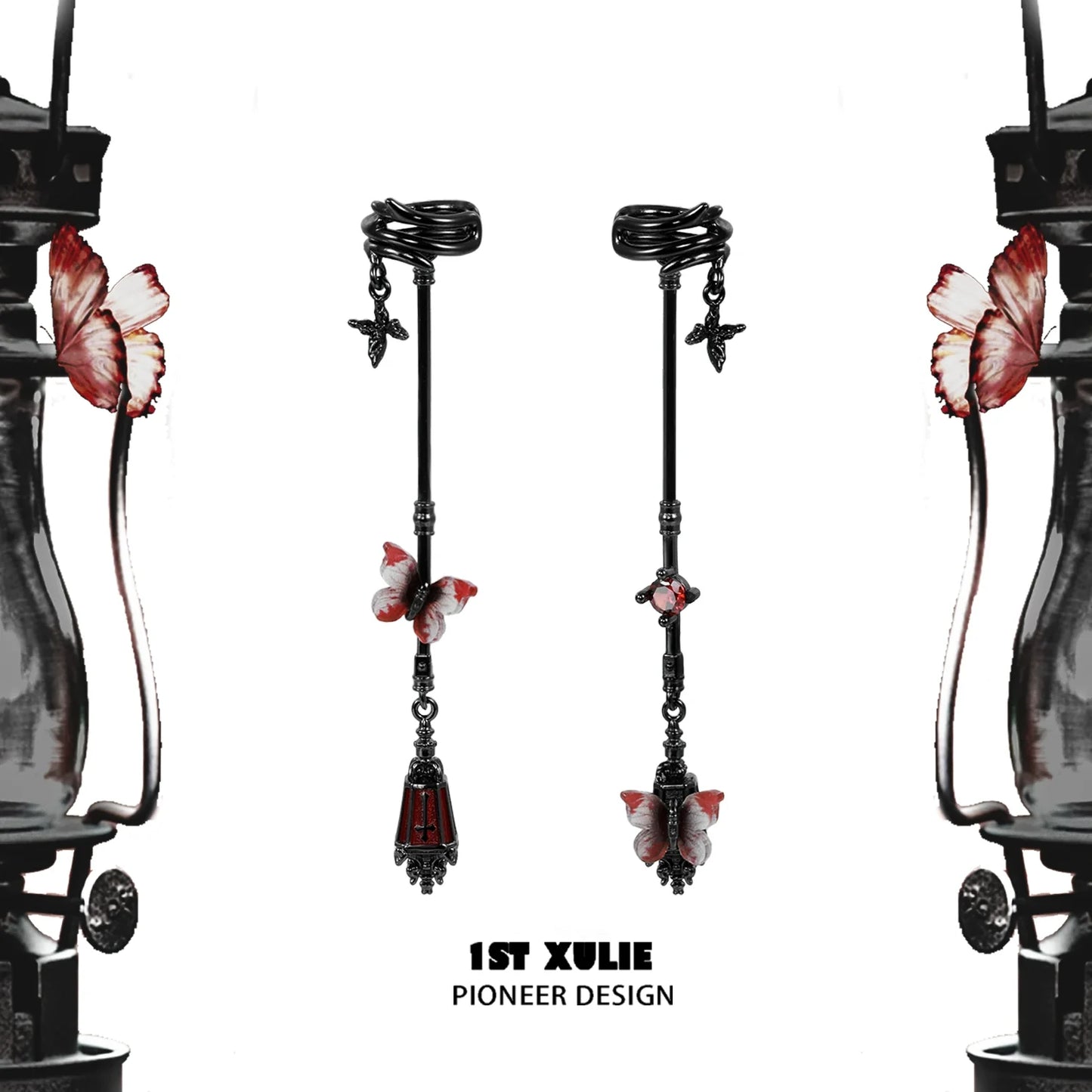 Gothic butterfly earrings with red and black design, featuring intricate detailing and a unique silhouette