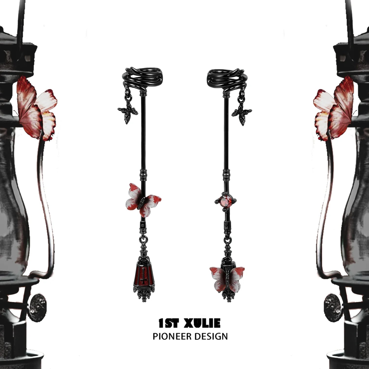 Gothic butterfly earrings with red and black design, featuring intricate detailing and a unique silhouette