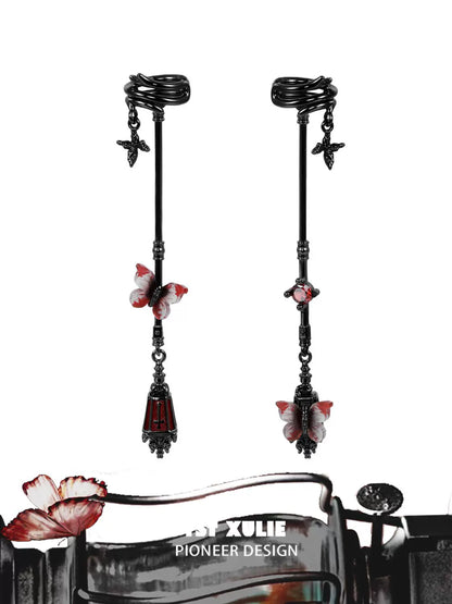 1STXULIE Gothic Butterfly Earrings with Black and Red Enamel Details and Elegant Design