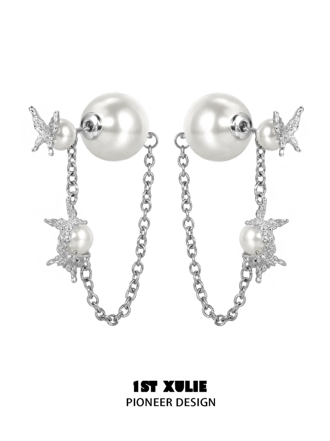 Gothic butterfly earrings featuring silver chains and pearl accents for a stylish look