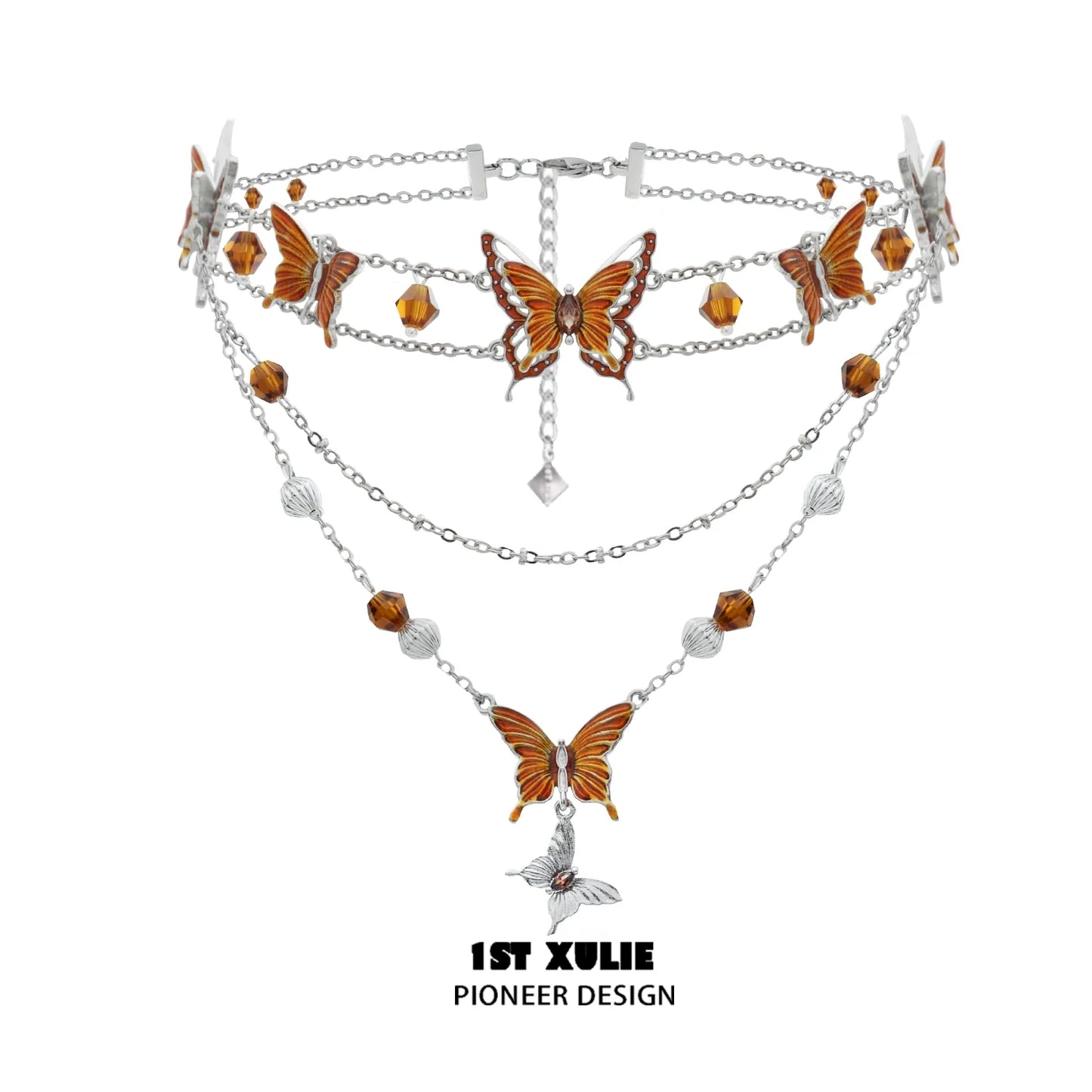 Gothic butterfly necklace featuring orange butterflies and silver chains for unique fashion style