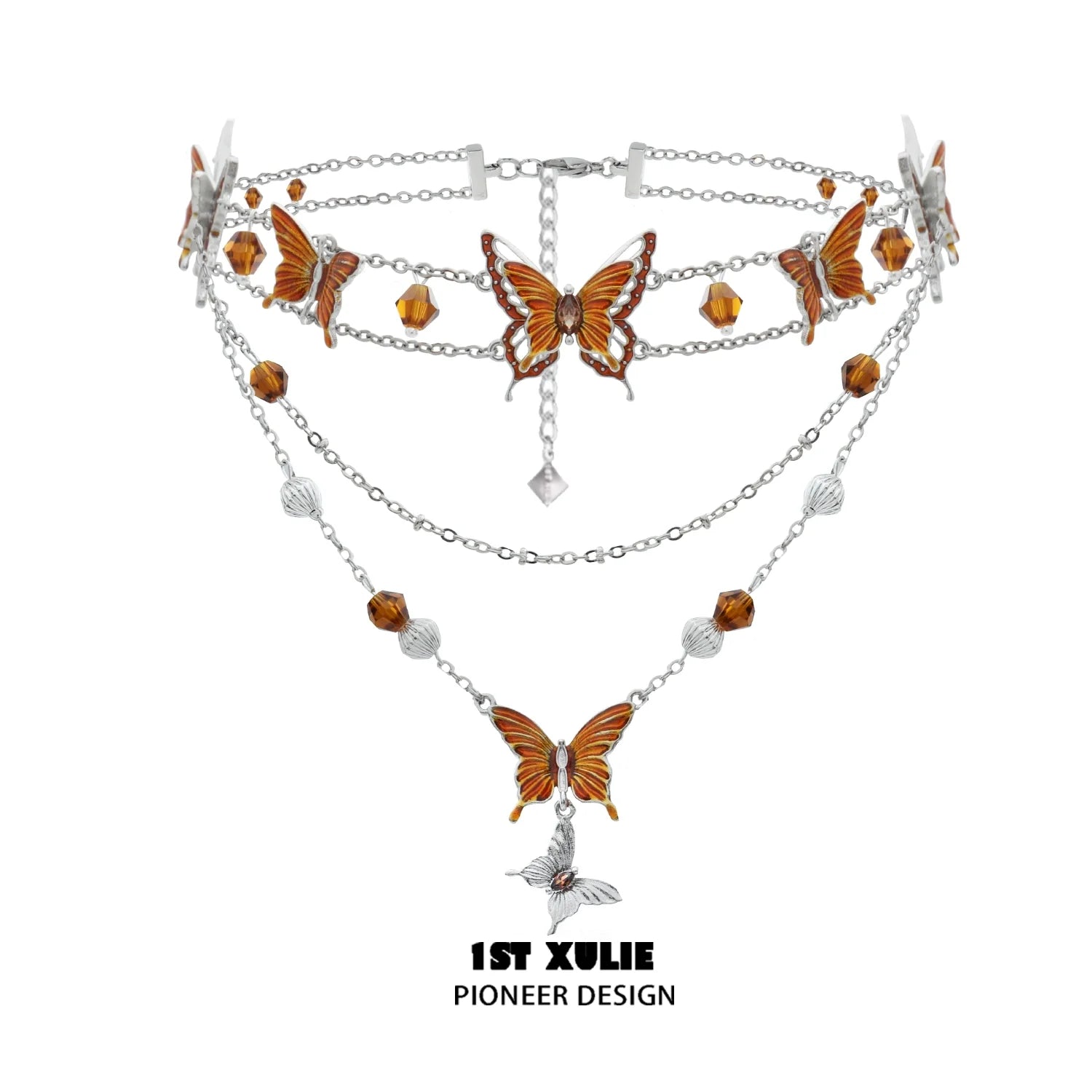 Gothic butterfly necklace featuring orange butterflies and silver chains for unique fashion style