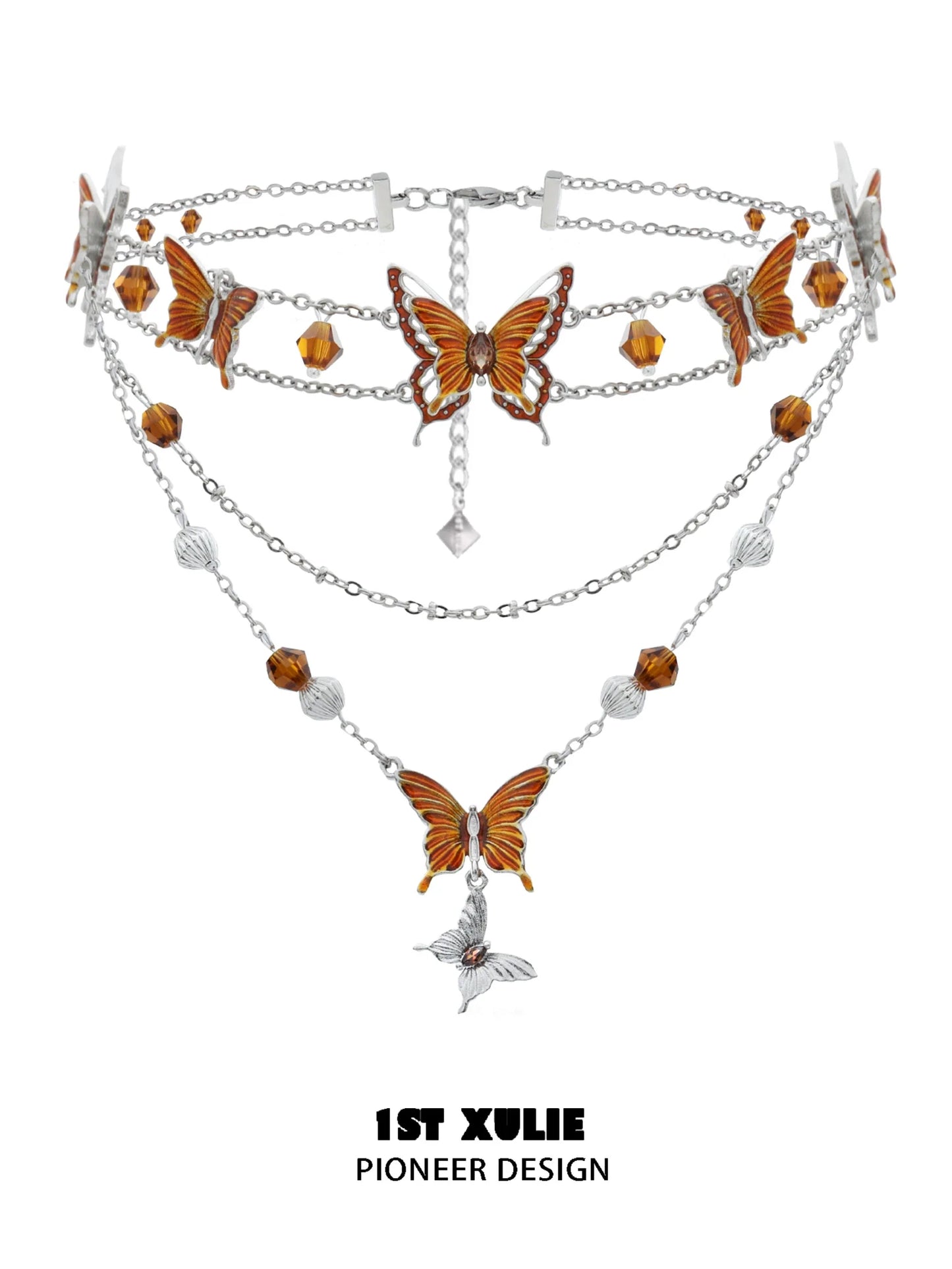 Gothic butterfly necklace with intricate orange butterfly charms and silver chains for a unique look