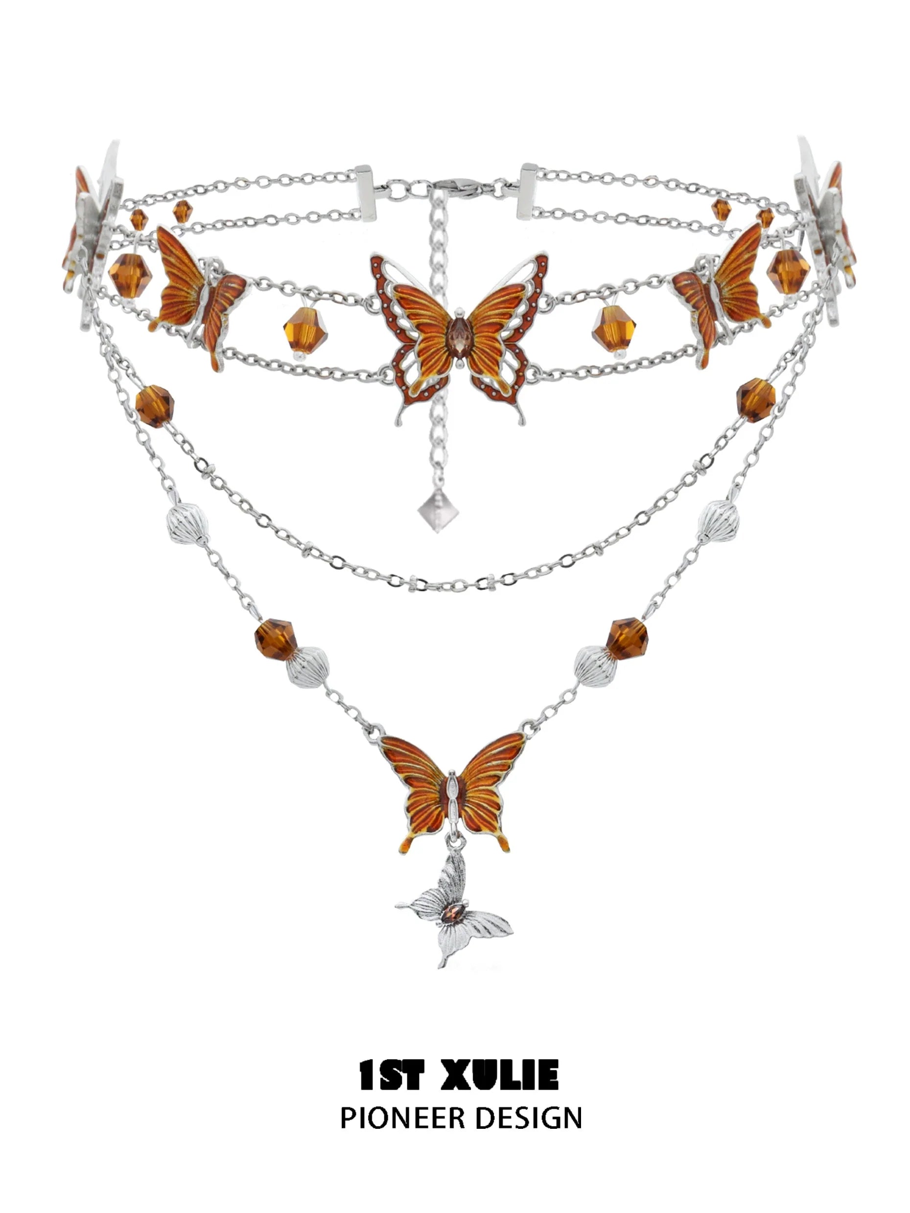 Gothic butterfly necklace with intricate orange butterfly charms and silver chains for a unique look