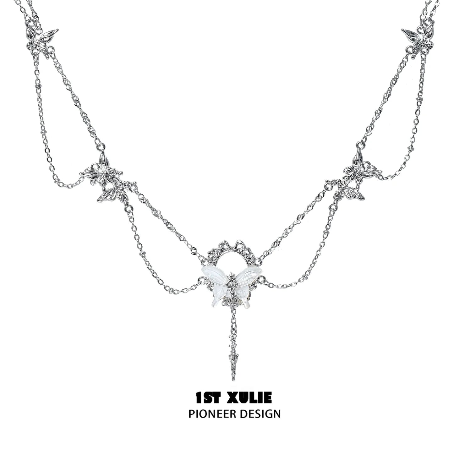 Gothic butterfly necklace from 1ST XULIE featuring intricate silver chain and butterfly pendant
