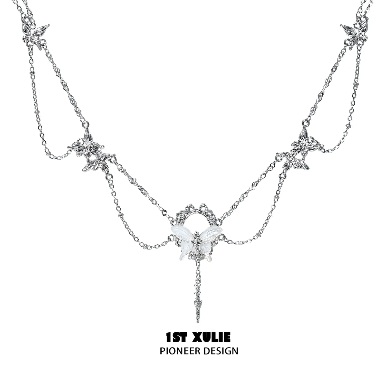 Gothic butterfly necklace from 1ST XULIE featuring intricate silver chain and butterfly pendant