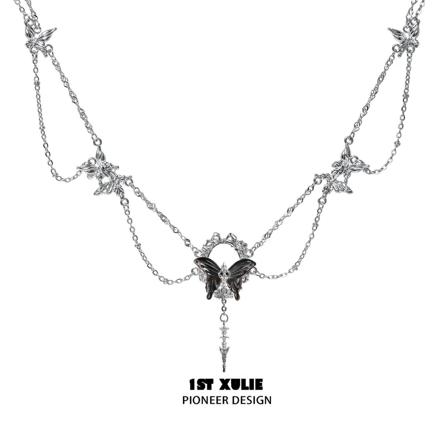 Gothic butterfly necklace by 1STXULIE featuring intricate butterfly charms and layered chains