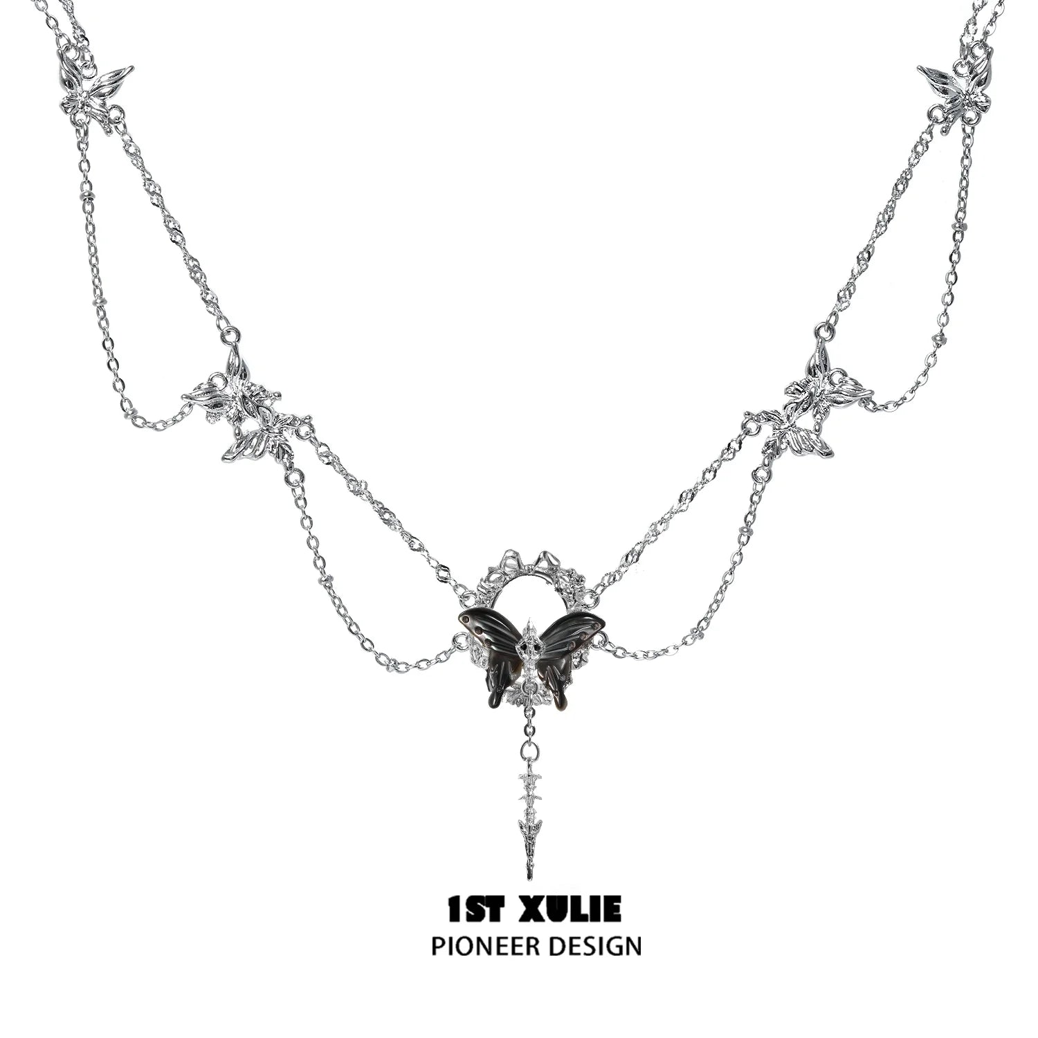 Gothic butterfly necklace by 1STXULIE featuring intricate butterfly charms and layered chains