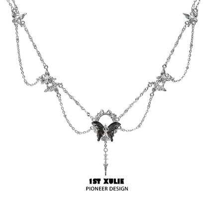 Gothic butterfly necklace by 1STXULIE featuring intricate butterfly charms and layered chains