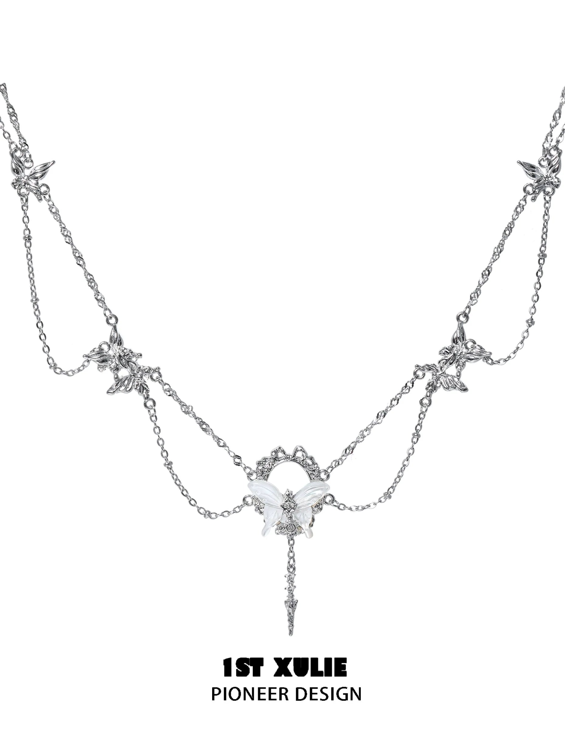 Gothic butterfly necklace featuring intricate silver chains and decorative butterfly charms