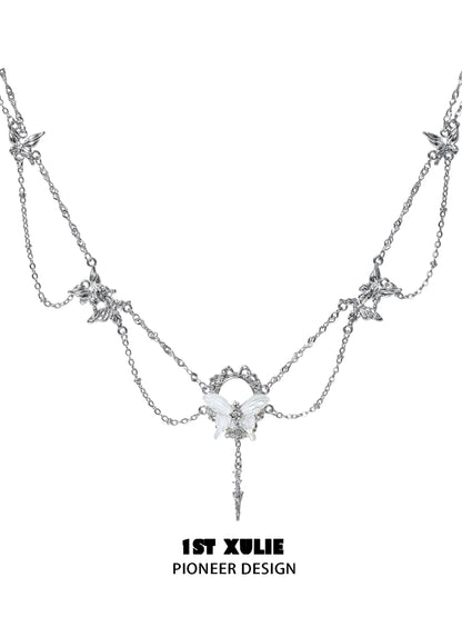 Gothic butterfly necklace featuring intricate silver chains and decorative butterfly charms