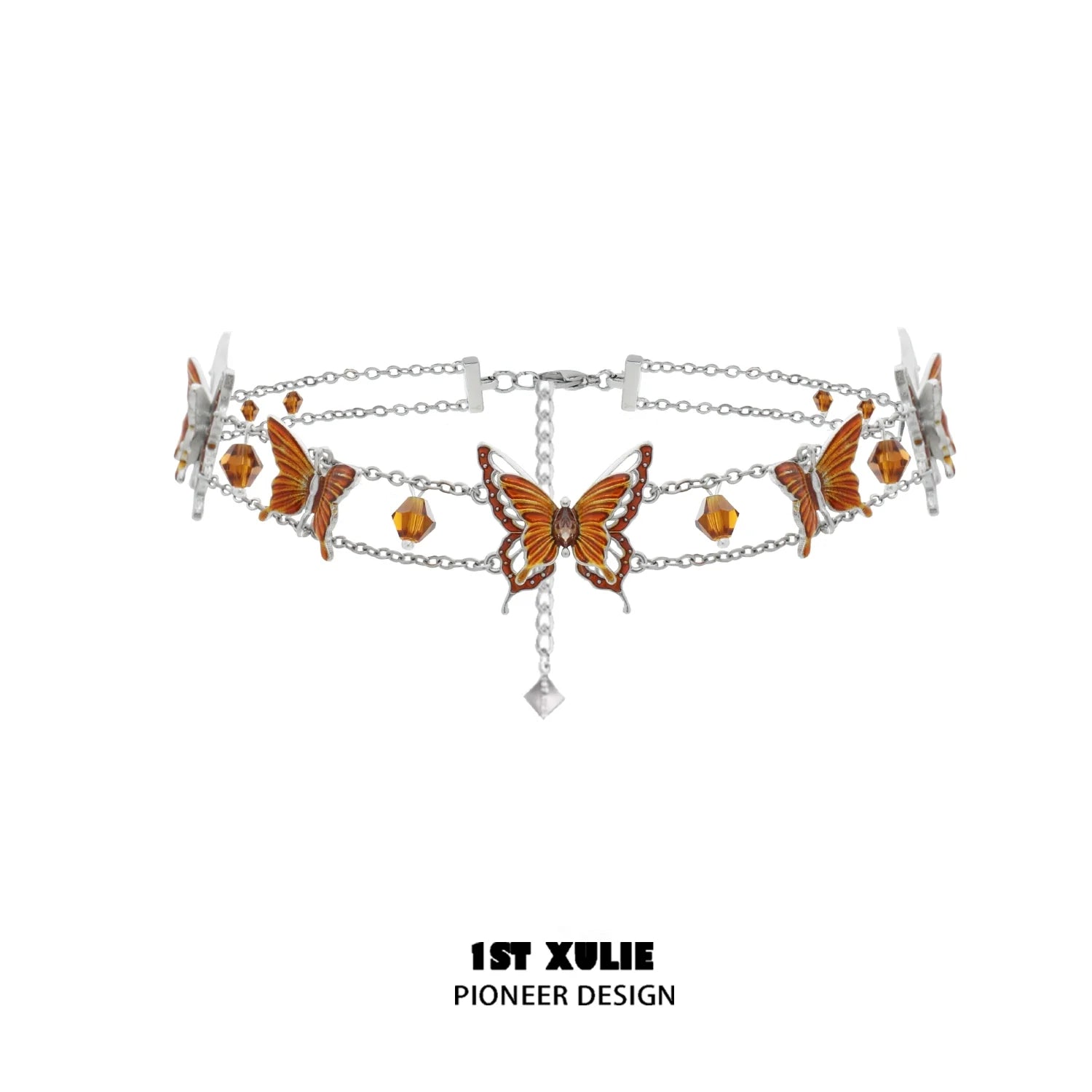 Gothic butterfly necklace featuring intricate orange butterflies and beaded accents for a unique accessory