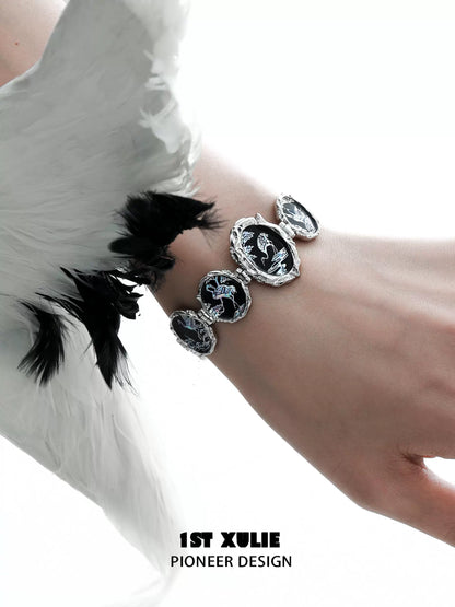 Gothic crane bead bracelet by 1STXULIE showcasing intricate black and silver design on a stylish wrist