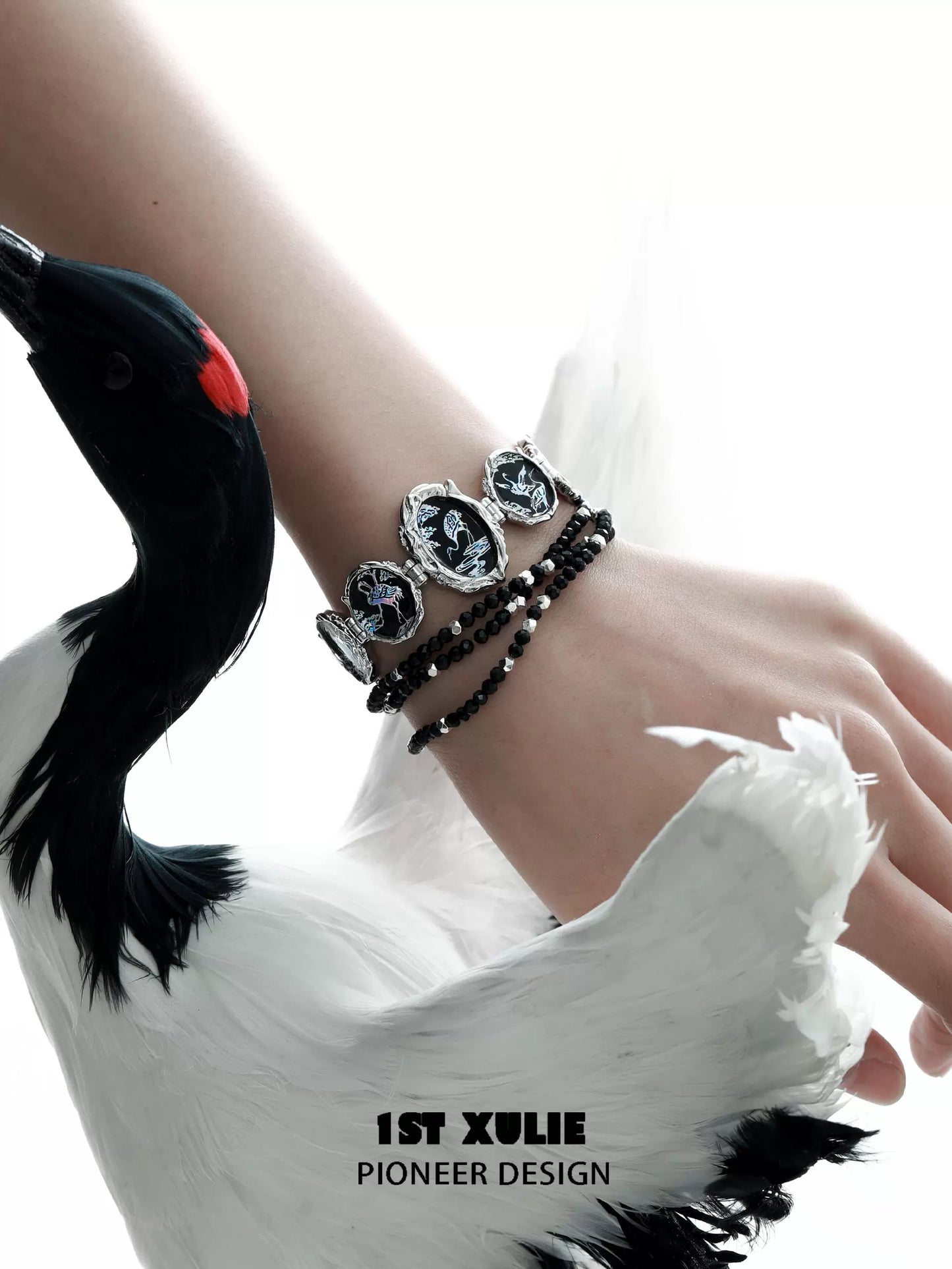 Gothic crane bead bracelet from 1STXULIE featuring intricate designs and elegant black beads