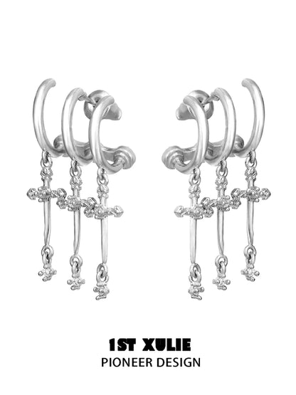 Silver gothic cross earrings with stylish hoop design and dangling cross charms