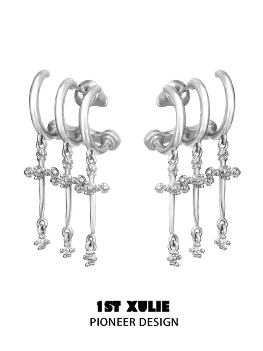 Silver gothic cross earrings with stylish hoop design and dangling cross charms