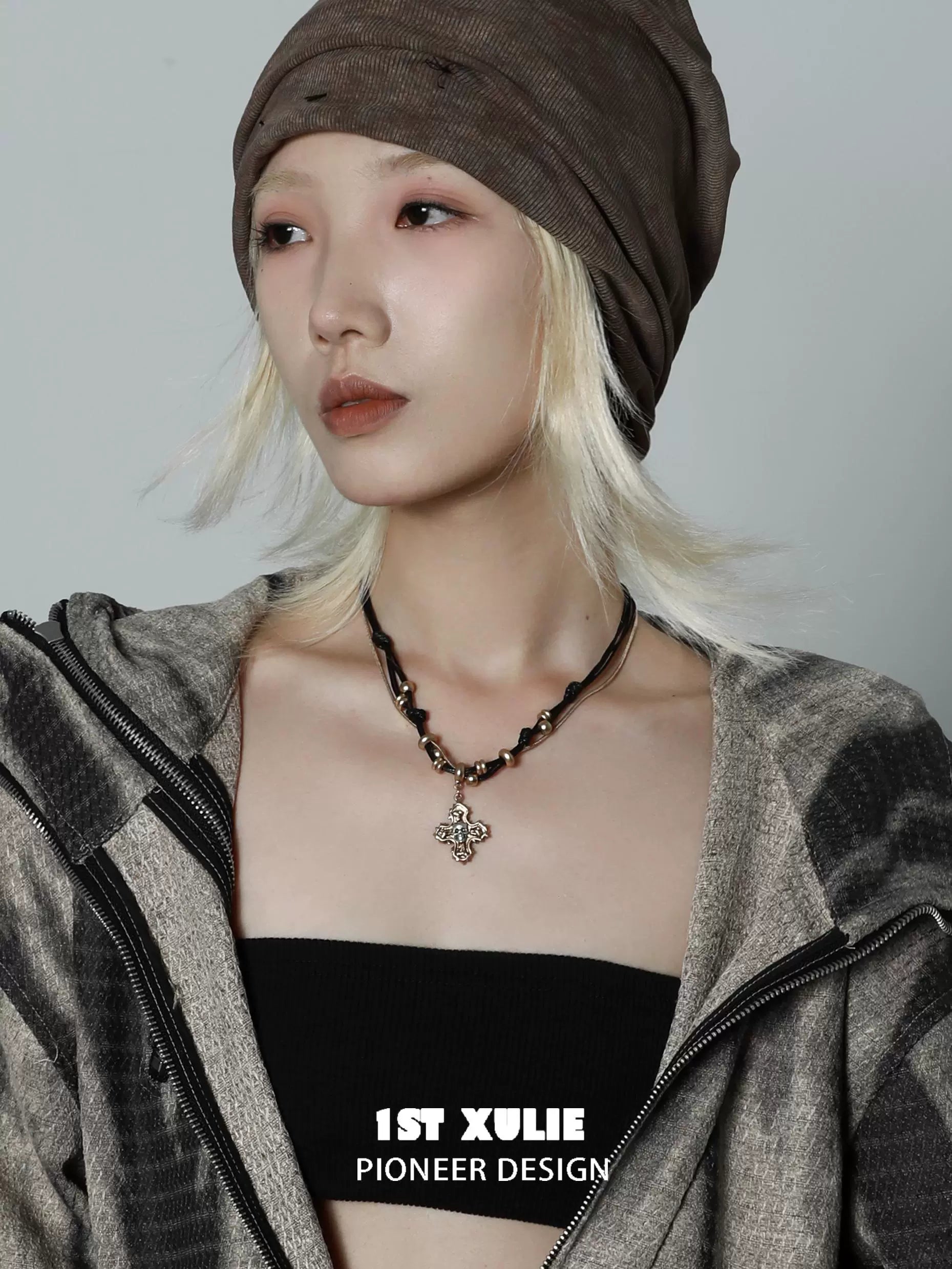 Stylish gothic cross necklace by 1STXULIE featuring unique design and multi-textured materials