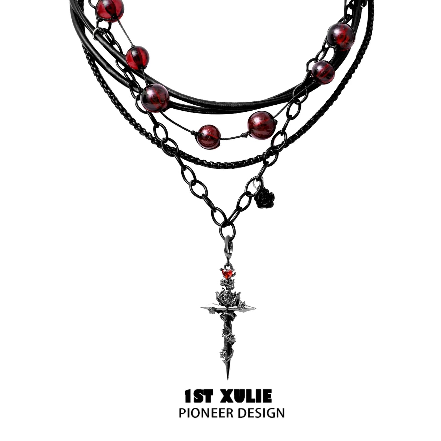 1ST XULIE gothic cross necklace featuring layered chains and red bead accents for a bold gothic style