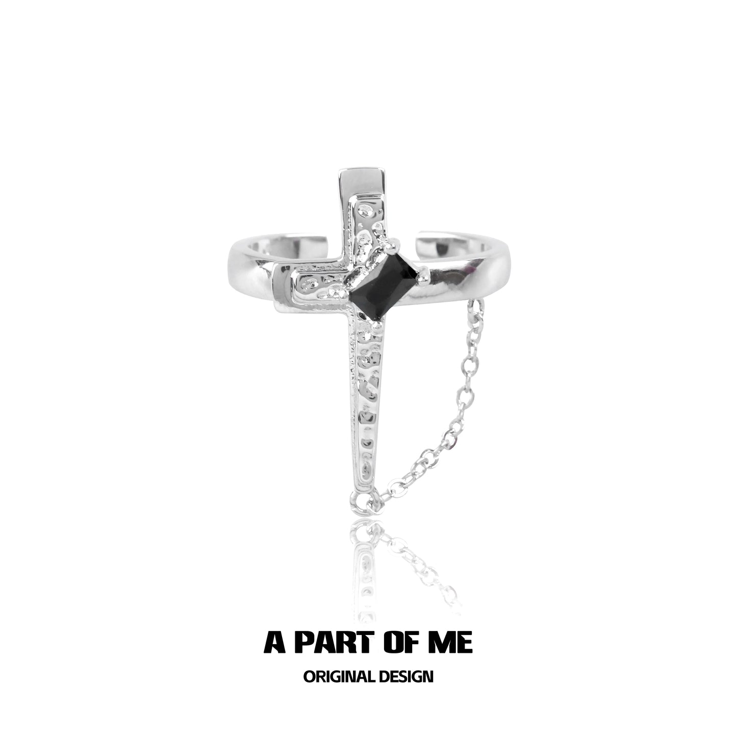 Elegant gothic cross ring for women featuring a black gemstone and delicate chain detail