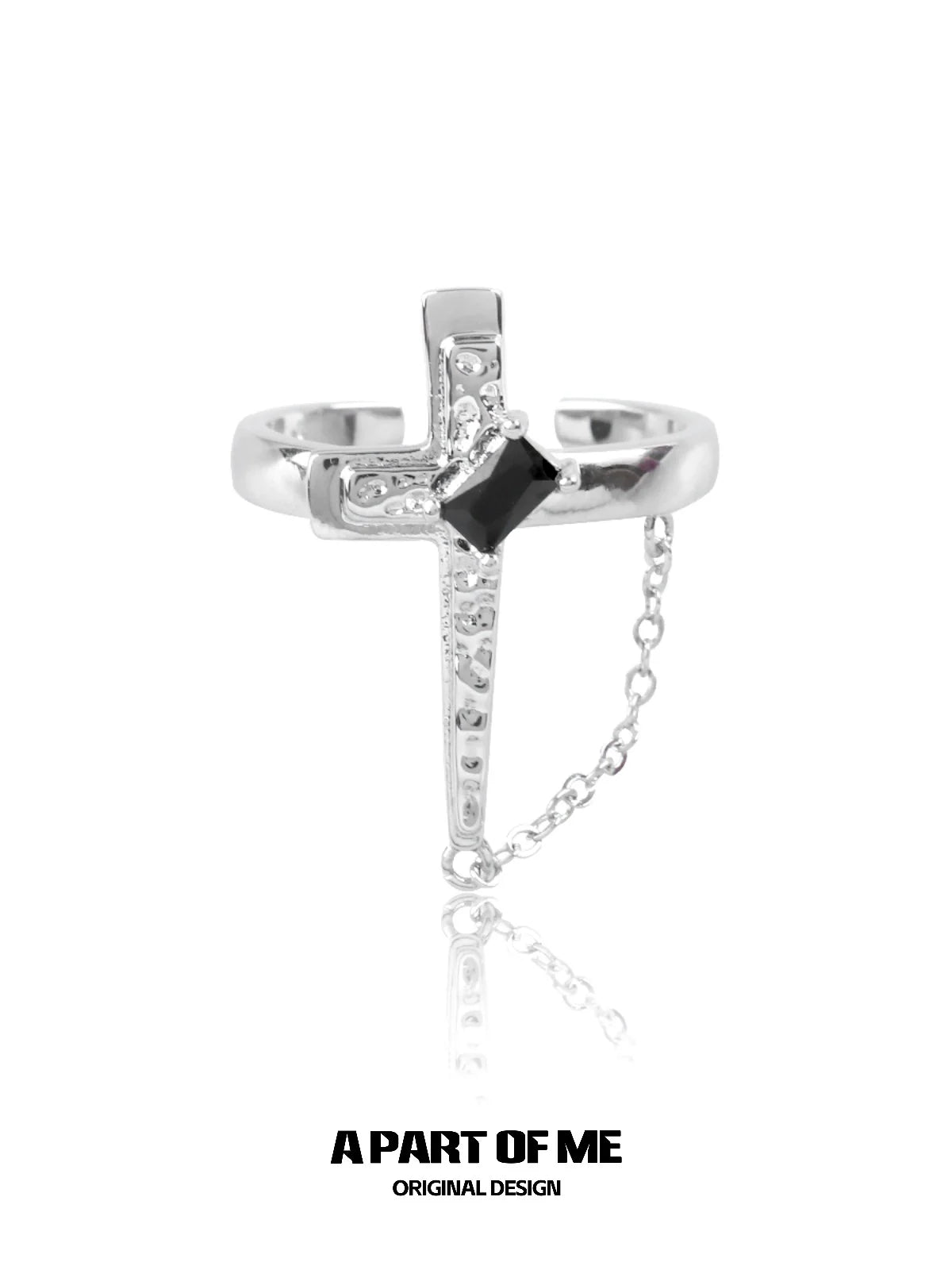 Silver gothic cross ring for women with black accent and adjustable chain detail