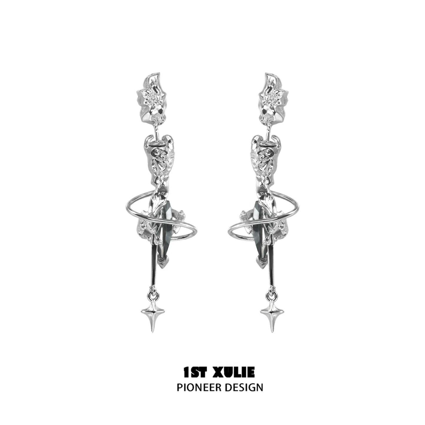 Gothic dream core earrings featuring intricate silver designs with dangling charms