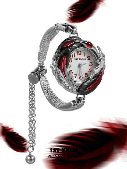 Gothic feather bracelet watch with red accents and intricate detailing for a unique accessory