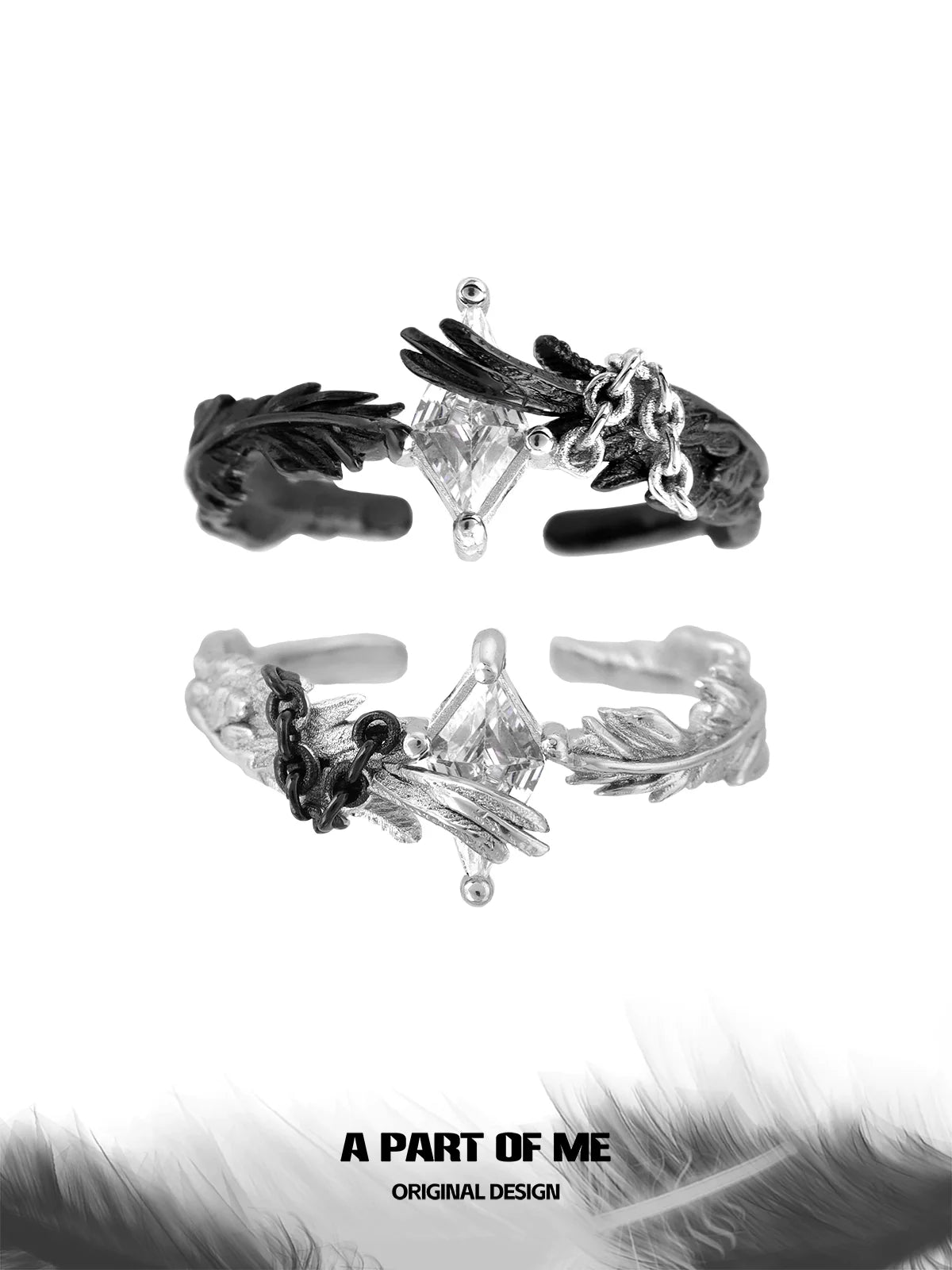 A PART OF ME gothic feather ring with detailed feather designs and a central gemstone for a unique look