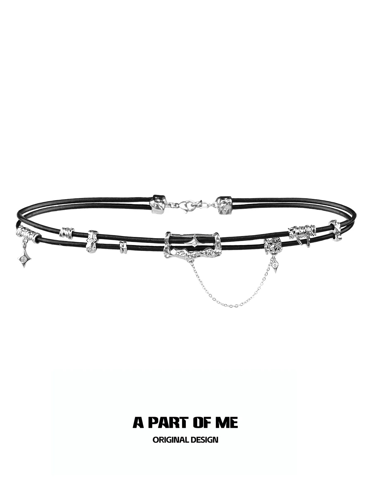 A PART OF ME gothic leather necklace featuring intricate charms and silver accents