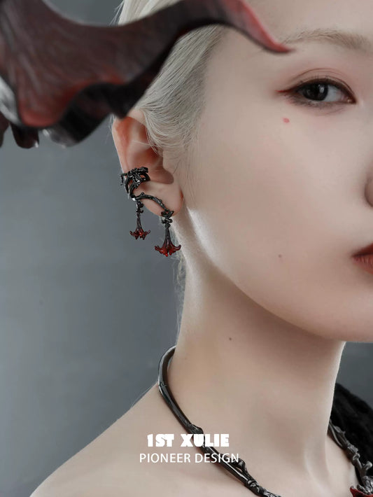 Gothic mandala ear cuffs in elegant design, showcasing intricate details and red accents for a unique look