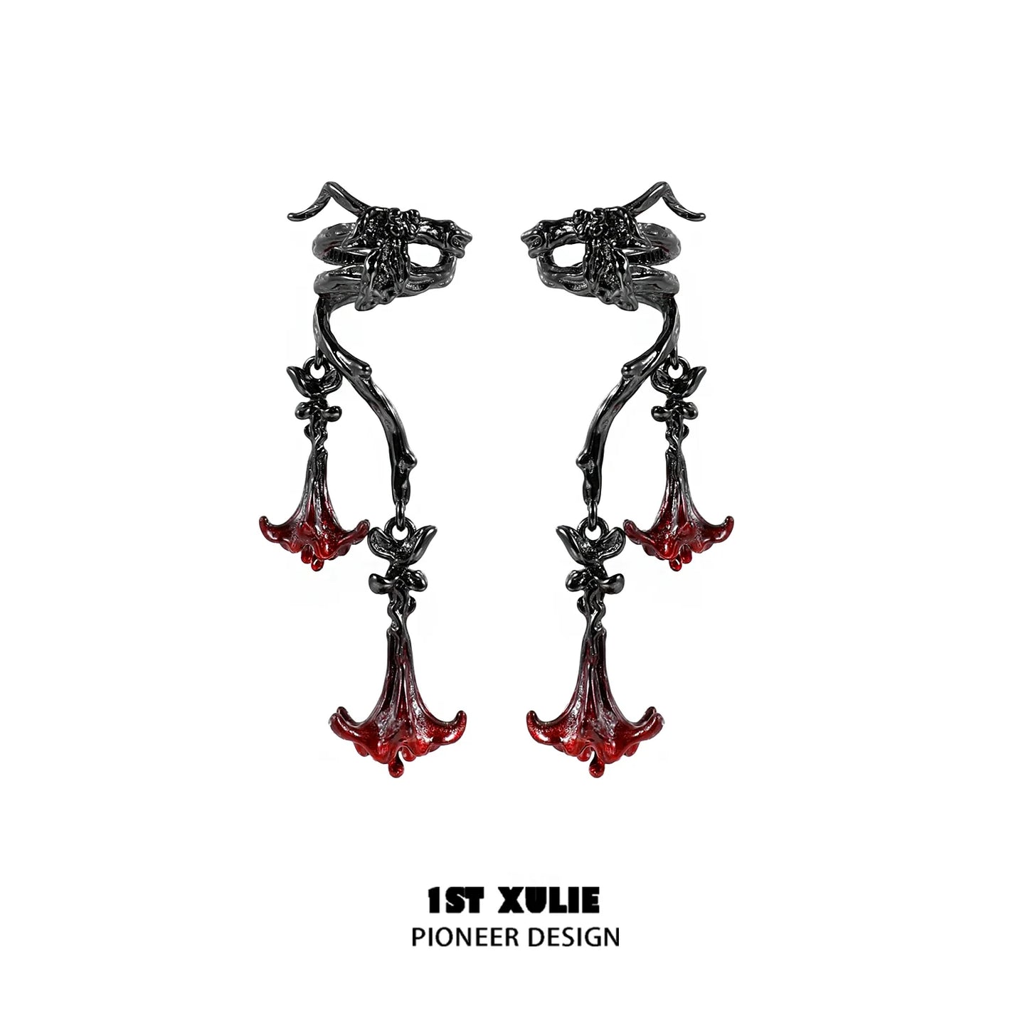 Gothic mandala ear cuffs with intricate design and red accents for a bold fashion statement
