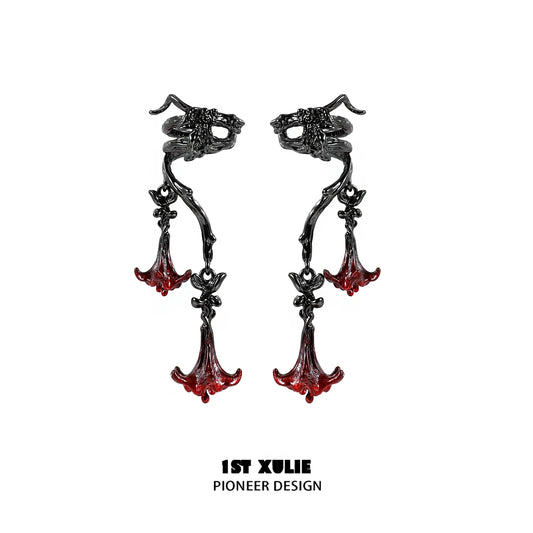 Gothic mandala ear cuffs with intricate design and red accents for a bold fashion statement
