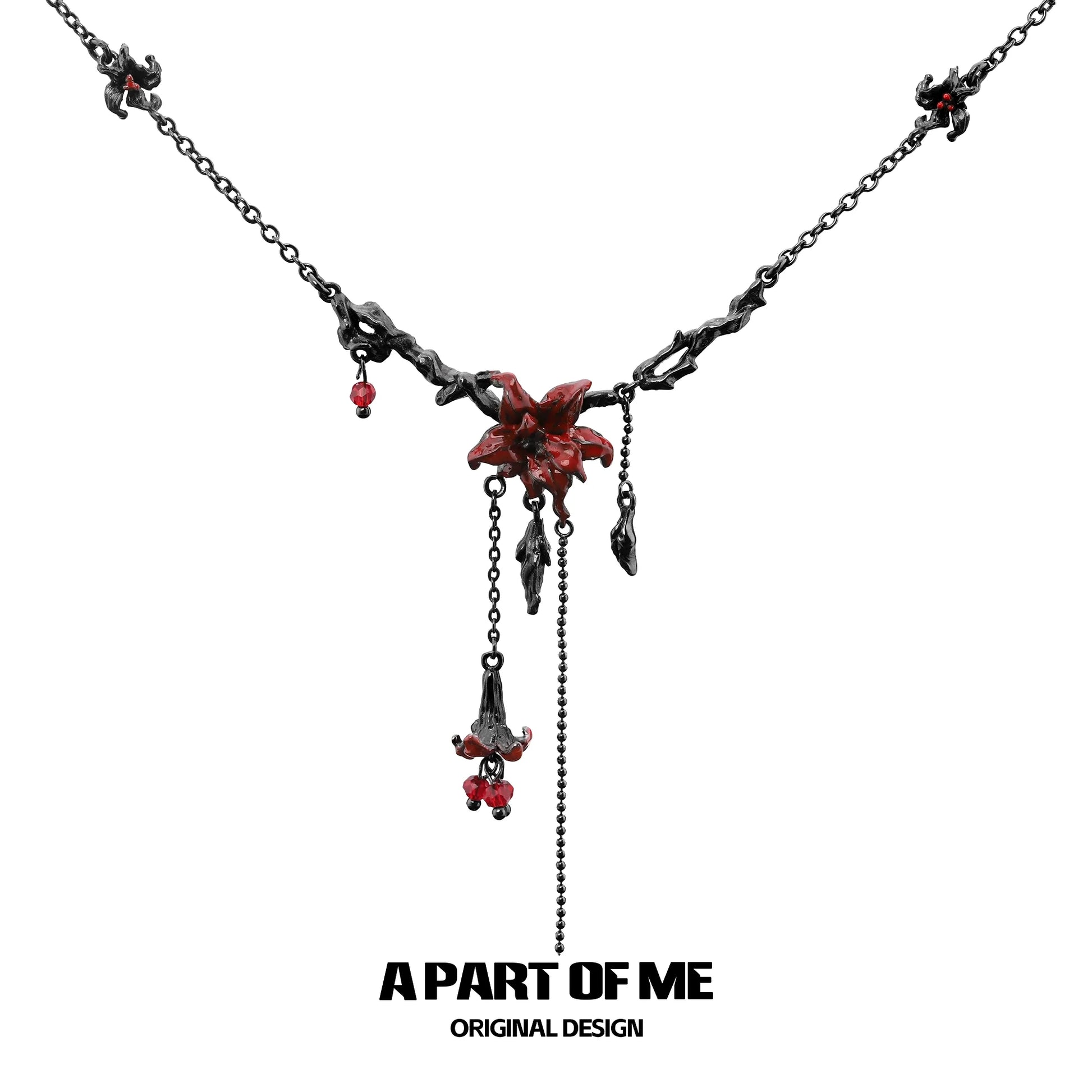 A PART OF ME gothic mandala necklace featuring intricate black chains and red floral accents