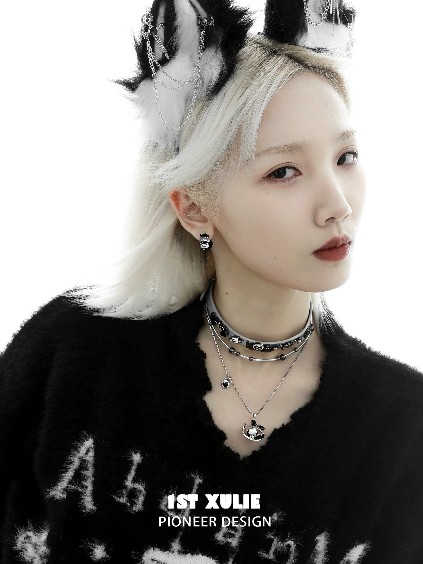 Gothic night owl cat necklace worn with a stylish black outfit and cat ear accessories