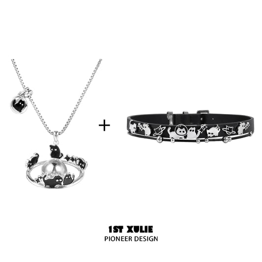 Gothic night owl cat necklace featuring black cats and a pearl accent for a trendy accessory