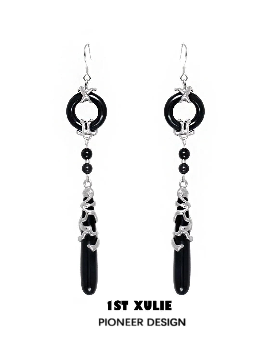 Gothic nightfall pendant earrings featuring sleek black design and silver accents for a dramatic look