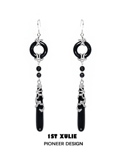 Gothic Nightfall Pendant Earrings featuring silver accents and dangling black stones