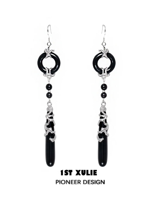 Gothic Nightfall Pendant Earrings featuring silver accents and dangling black stones