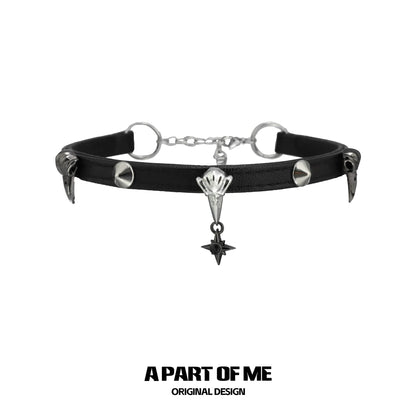 Gothic raven cross necklace with black leather strap and silver spikes for a bold look